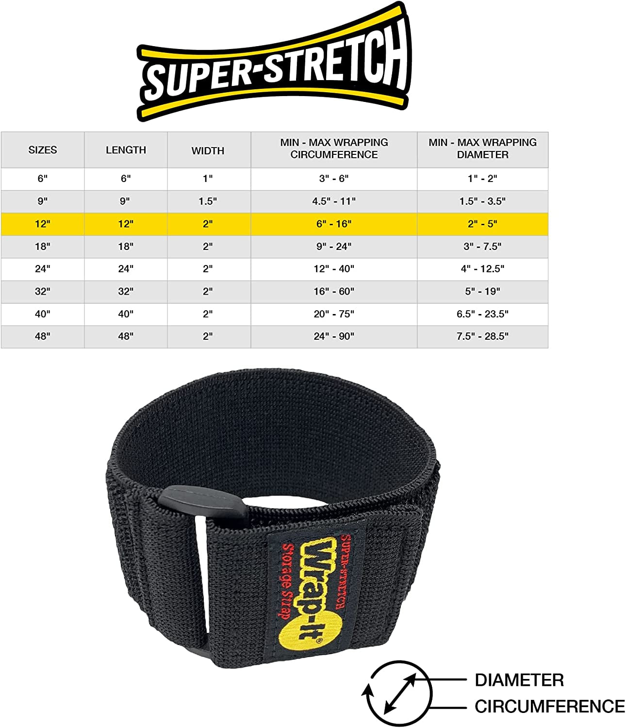 Super-Stretch Straps - 12" (8 Pack) - Elastic Hook and Loop Cinch Straps