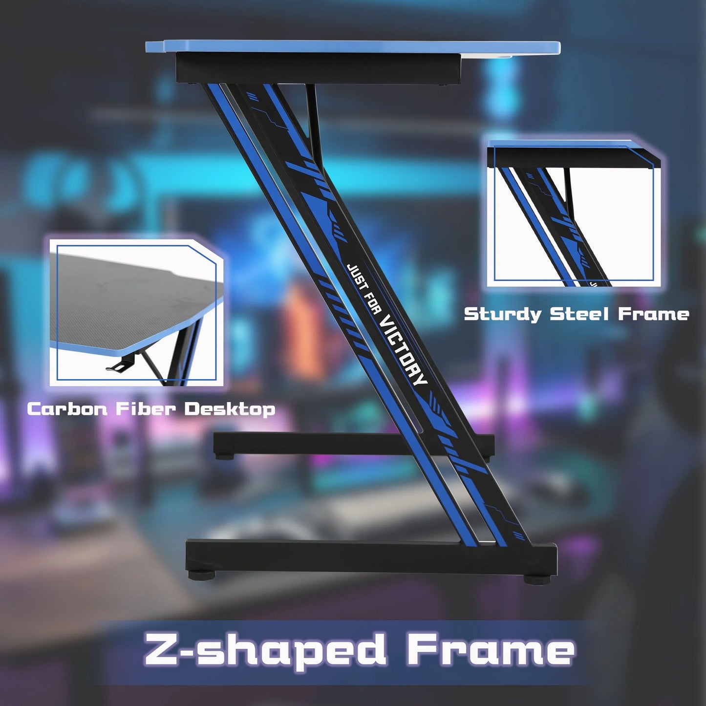 39" Computer Desk Z Shaped Workstation Ergonomic Table with Headphone Hook for Game Players (Blue, 39 In)