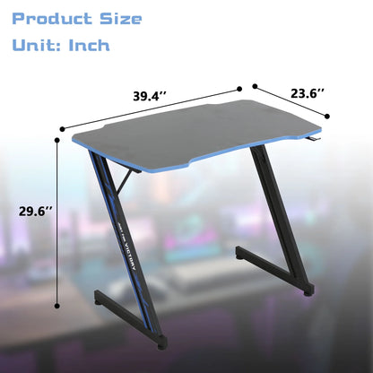 39" Computer Desk Z Shaped Workstation Ergonomic Table with Headphone Hook for Game Players (Blue, 39 In)