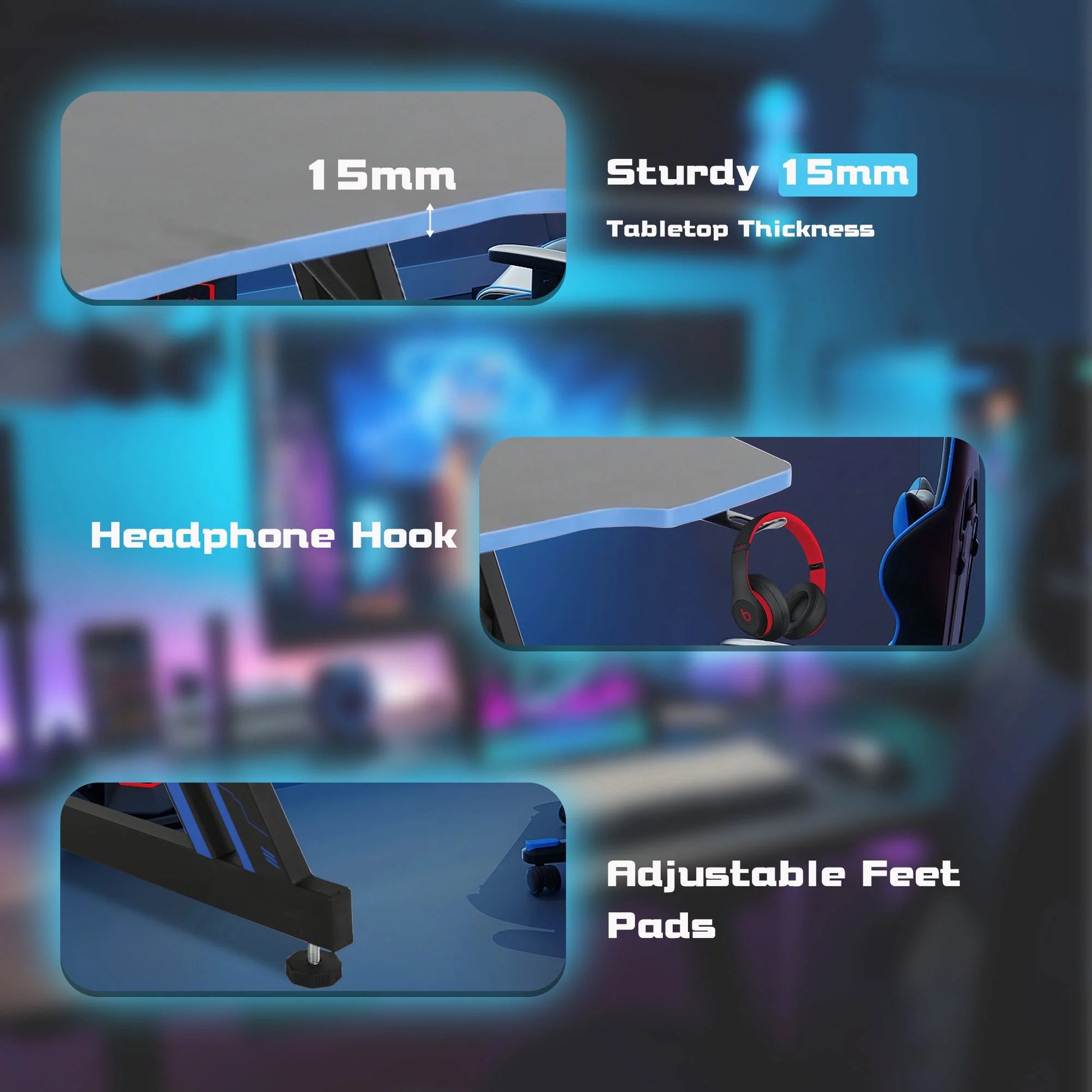 39" Computer Desk Z Shaped Workstation Ergonomic Table with Headphone Hook for Game Players (Blue, 39 In)