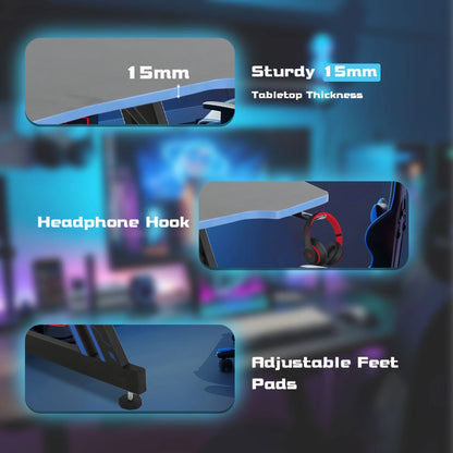39" Computer Desk Z Shaped Workstation Ergonomic Table with Headphone Hook for Game Players (Blue, 39 In)