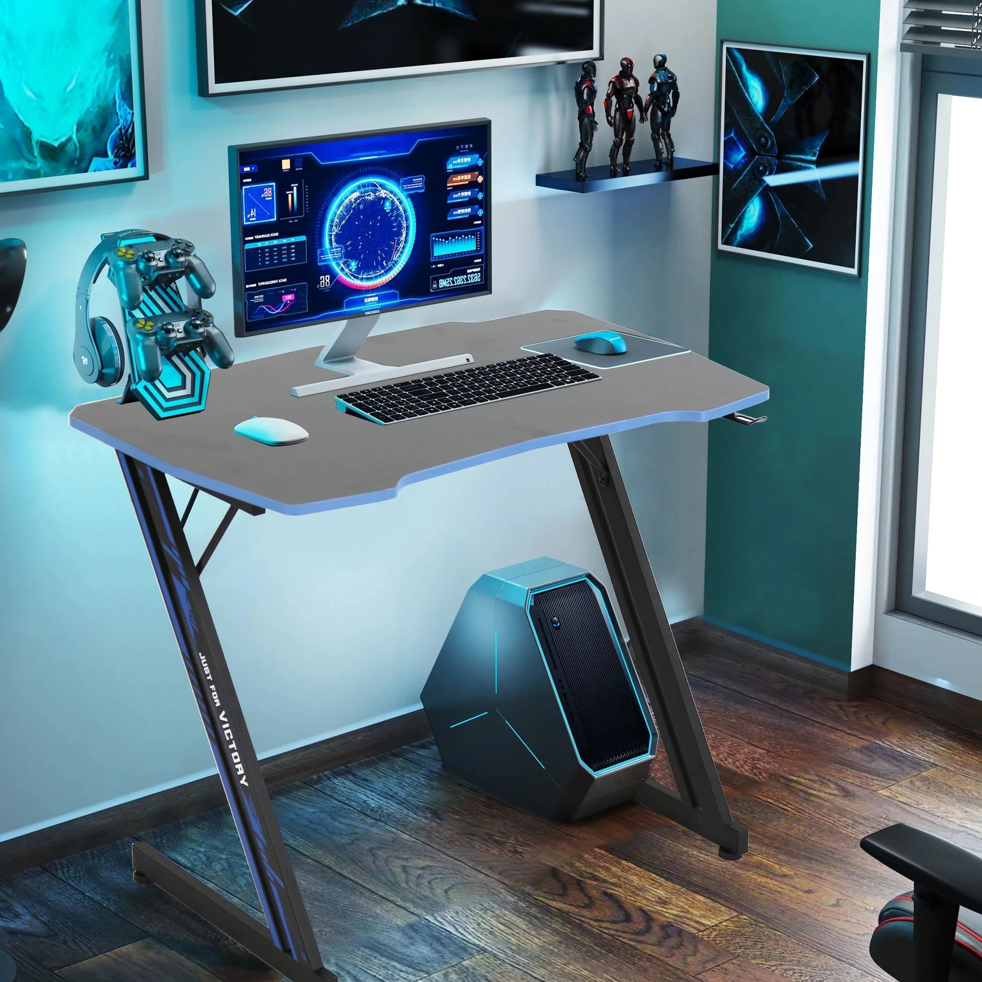 39" Computer Desk Z Shaped Workstation Ergonomic Table with Headphone Hook for Game Players (Blue, 39 In)