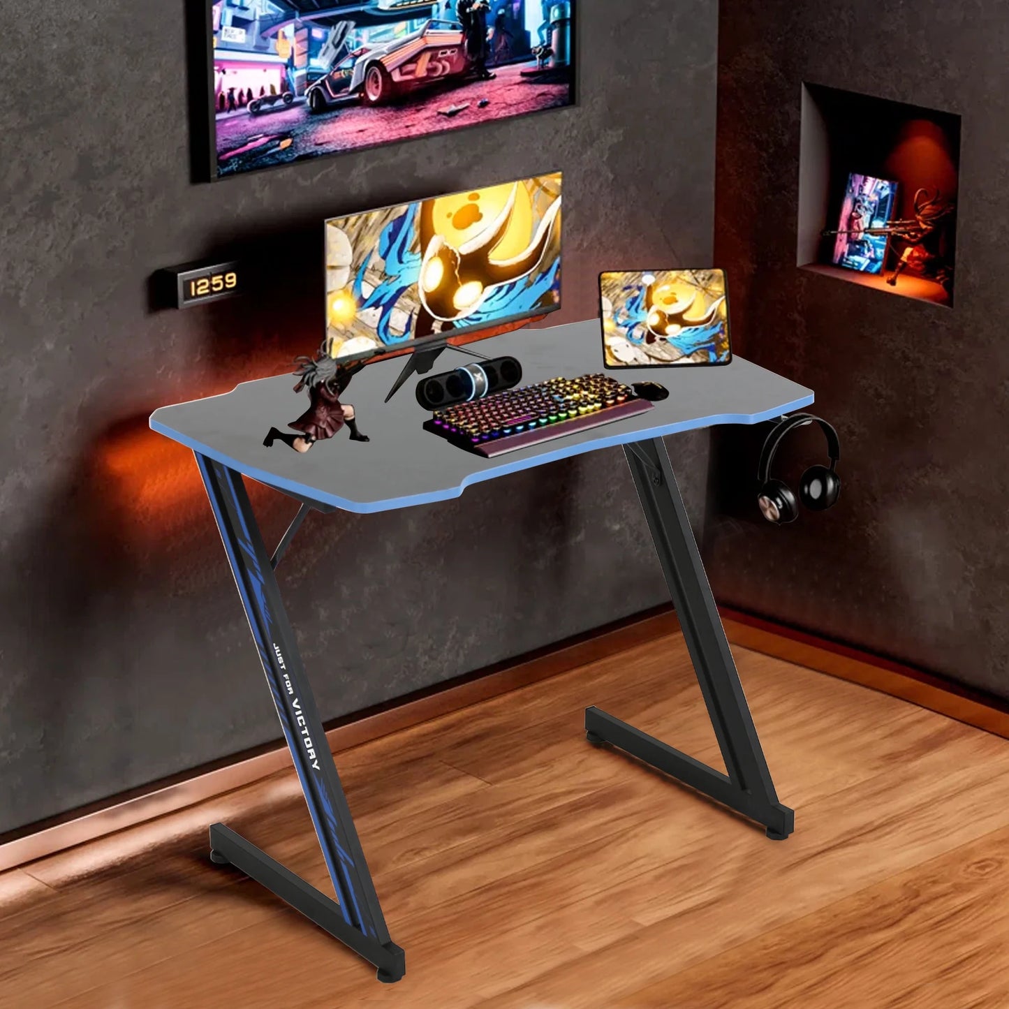 39" Computer Desk Z Shaped Workstation Ergonomic Table with Headphone Hook for Game Players (Blue, 39 In)