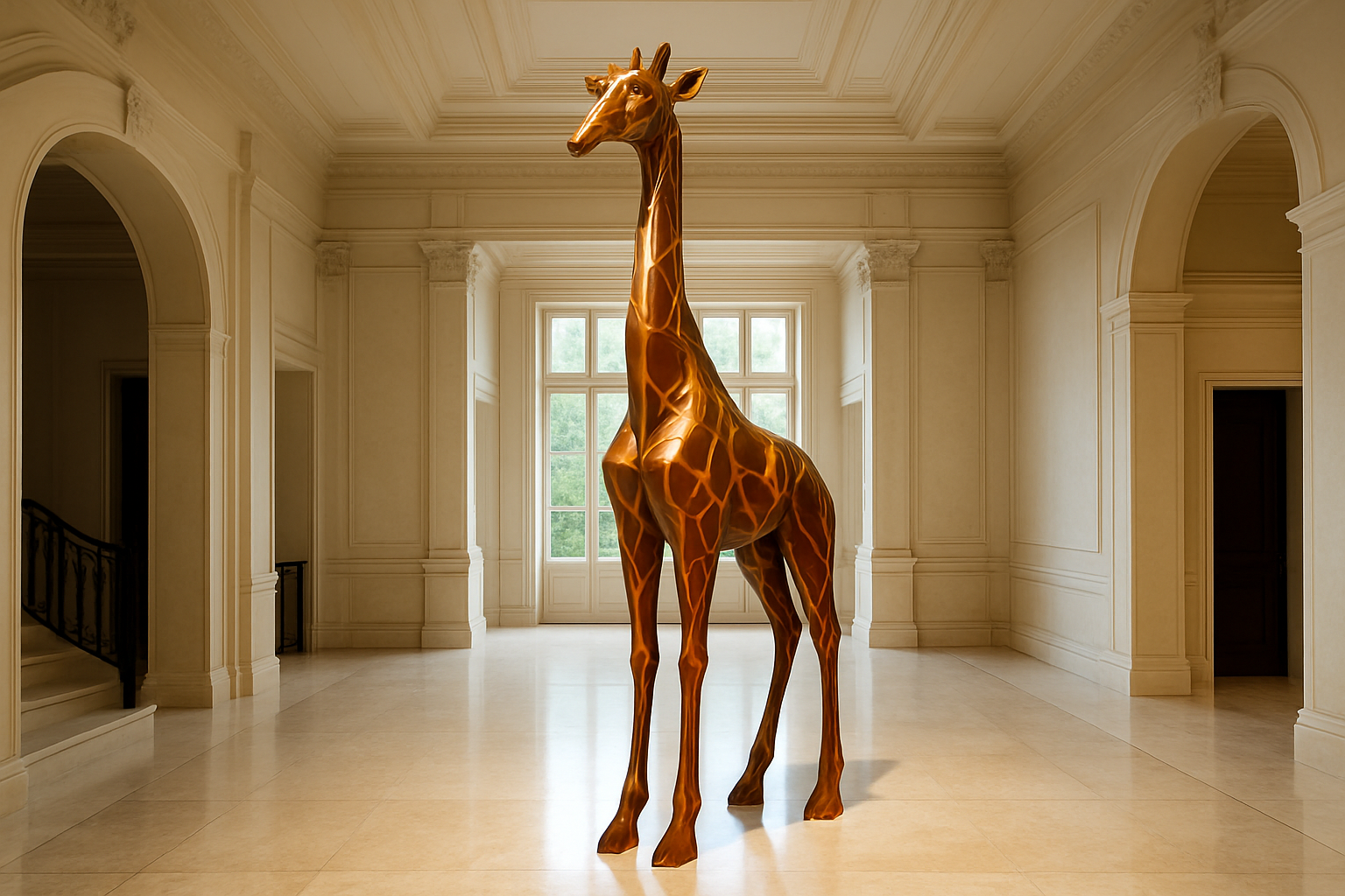 Giraffe sculpture in mid of large foyer